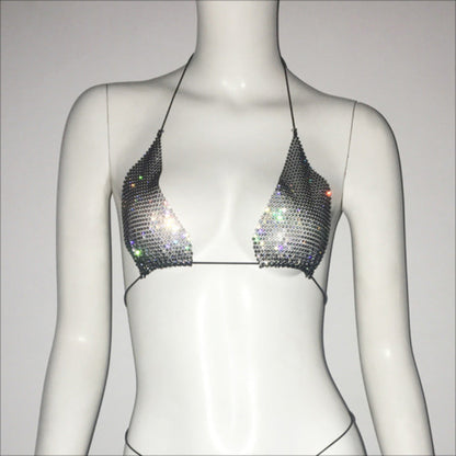 Women Clothing Rhinestone Bikini Set Carnival Sexy Lace Up Outdoor Beach Split Swimsuit