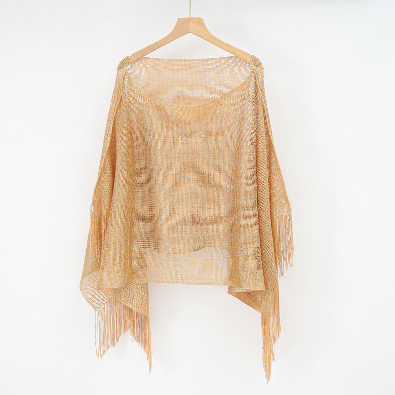 Summer Hollow Out Cutout Tassel Solid Color Blouse Shawl Tassel Scarf