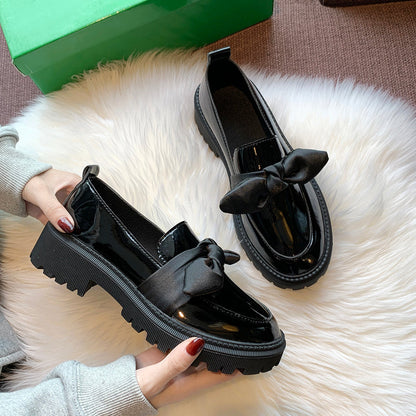 Small bow leather shoes female British style Korean version Versatile student 2023 new pattern Spring shoes Thick heel shoes