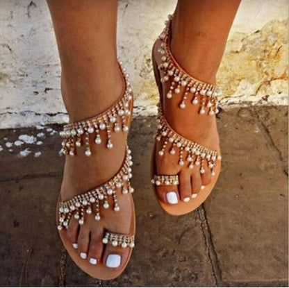 foreign trade Big size 43 Flat shoes Small Hanging bead Toenail Women's Shoes new pattern summer Sandals female Flat heel student Internet celebrity fashionable