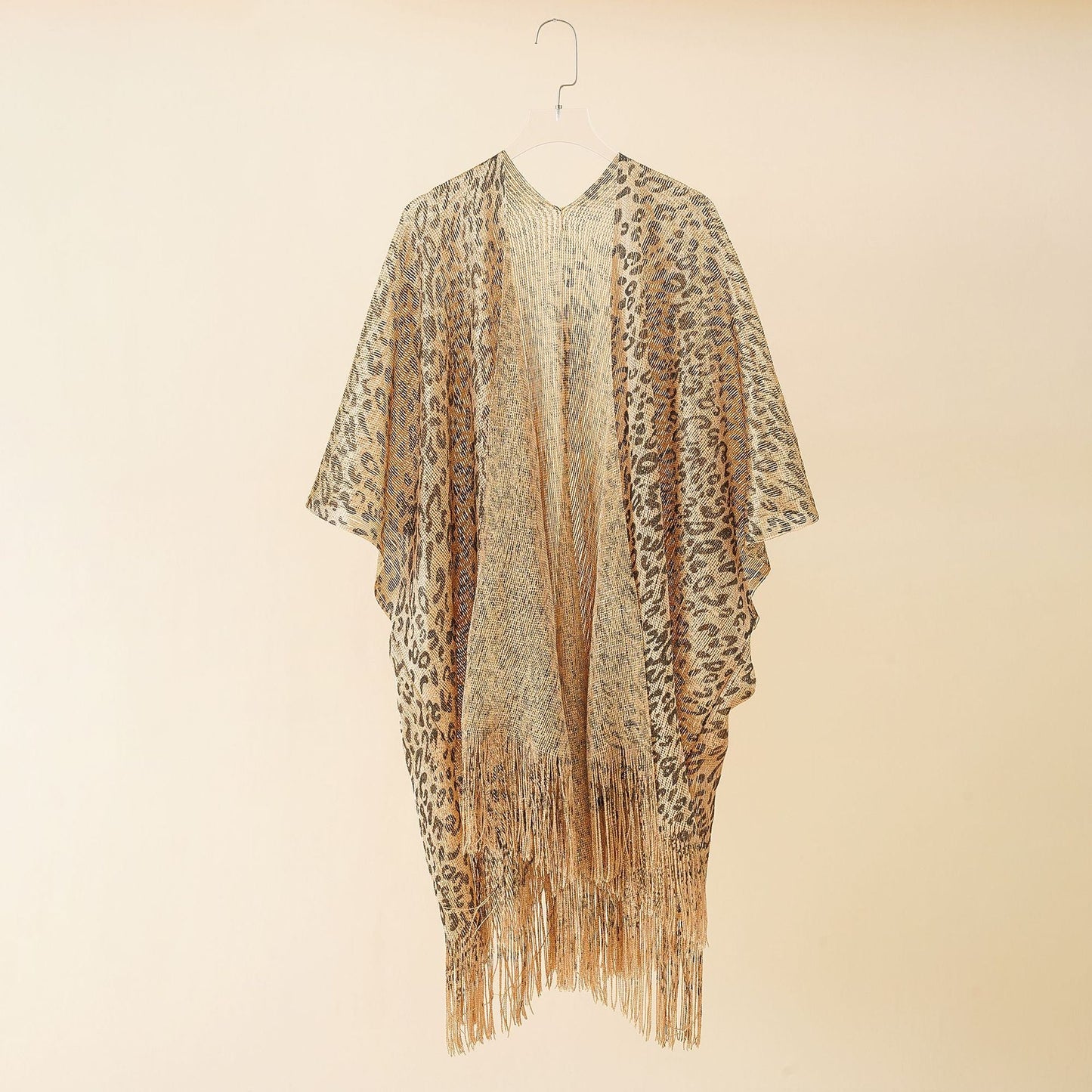 Summer Leopard Print Gold Silk Hollow Out Cutout Tassel Shawl Beach Sun Protection Sun Proof Cardigan Coat