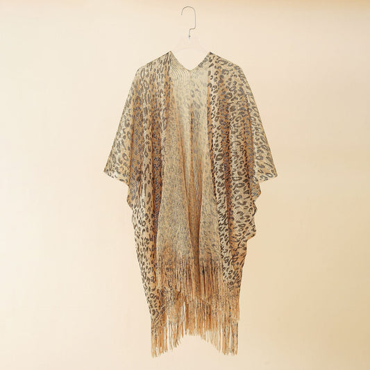 Summer Leopard Print Gold Silk Hollow Out Cutout Tassel Shawl Beach Sun Protection Sun Proof Cardigan Coat