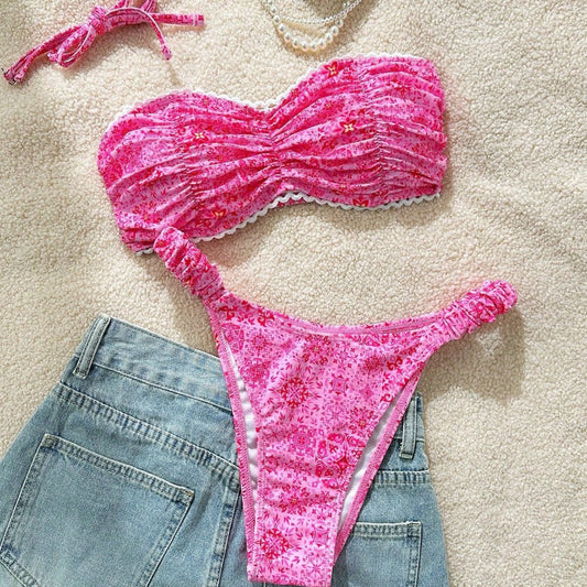Floral Print Bikini Tube Top Sexy Bikini Lady Simple Split Swimsuit