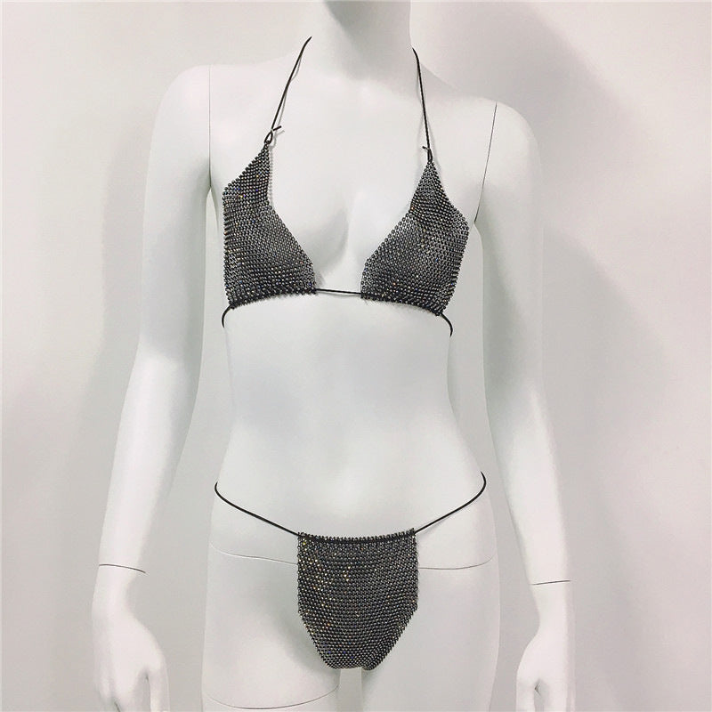 Women Clothing Rhinestone Bikini Set Carnival Sexy Lace Up Outdoor Beach Split Swimsuit