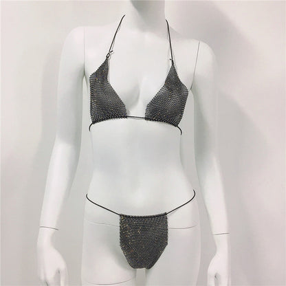 Women Clothing Rhinestone Bikini Set Carnival Sexy Lace Up Outdoor Beach Split Swimsuit