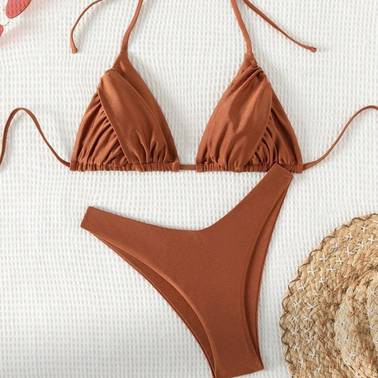Swimsuit Solid Color Sexy High Leg Bikini Strap Halter Split Swimsuit for Women