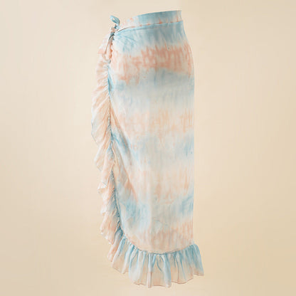 Summer Seaside Vacation Chiffon Printing Tie Dye Bandage Beach Wrap Skirt Bikini Swimsuit Blouse