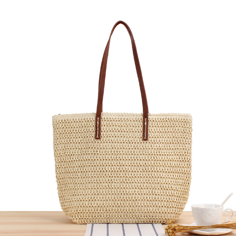 Solid Color Simple Shoulder Straw Bag Japanese Korean Woven Bag Daily Office Casual Vacation Women Bag