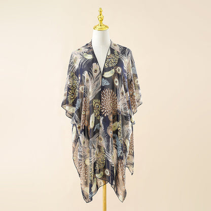 Spring Summer Peacock Open Screen Printing Pattern Shawl Sun Protection Sunshade Cardigan Coat