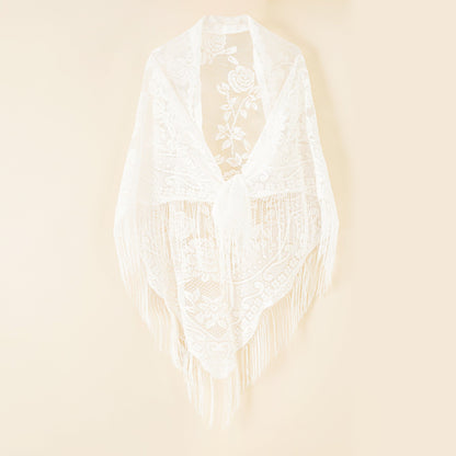 Nylon Hollow Out Cutout Breathable Tassel Triangle Shawl Women Scarf