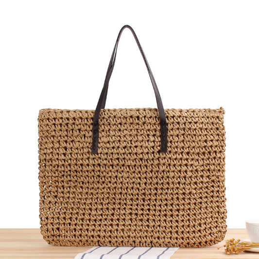 Large Capacity Casual Straw Bag Korean Shoulder Bag Solid Color Handmade Woven Bag Mori Photo