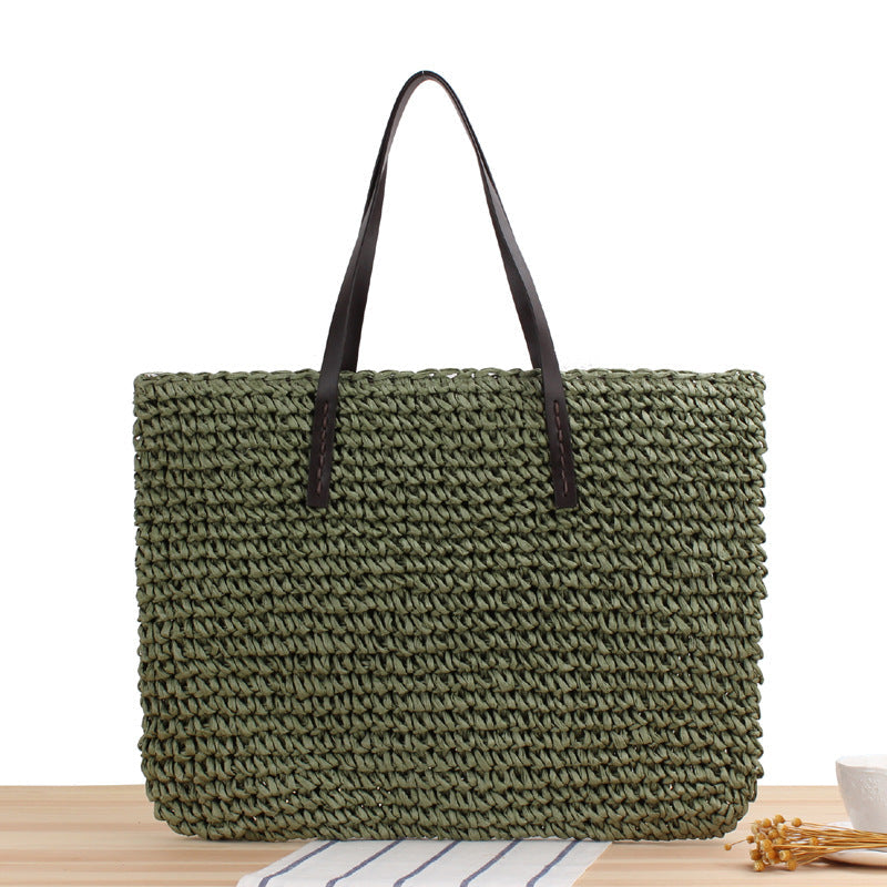 Large Capacity Casual Straw Bag Korean Shoulder Bag Solid Color Handmade Woven Bag Mori Photo
