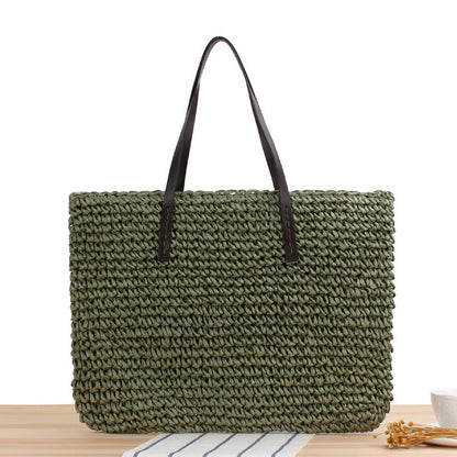 Large Capacity Casual Straw Bag Korean Shoulder Bag Solid Color Handmade Woven Bag Mori Photo