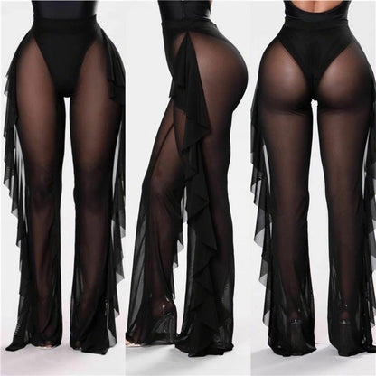 Ruffled Solid Color Casual Sexy Yarn Pants See through Women Beach Vacation Trousers