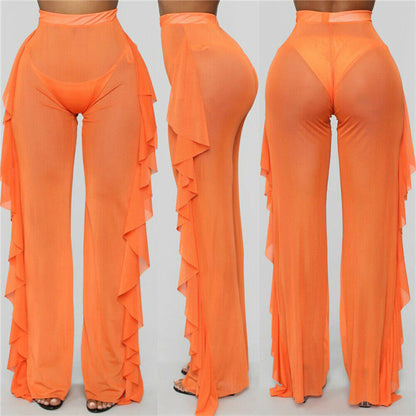 Ruffled Solid Color Casual Sexy Yarn Pants See through Women Beach Vacation Trousers