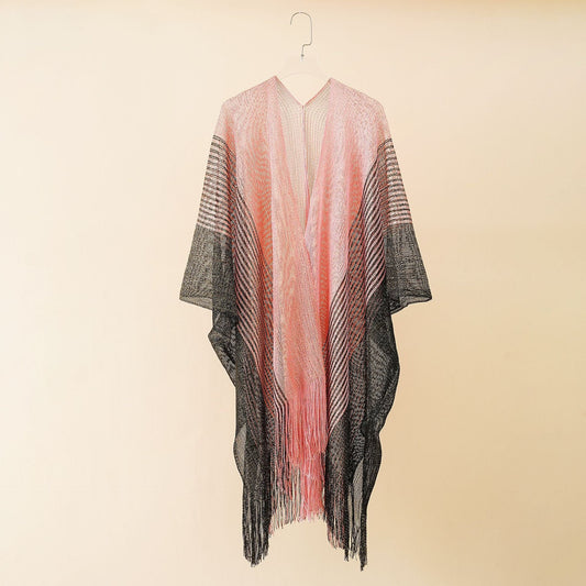 Summer Color Matching Striped Tassel Shawl Hollow Out Cutout Gold Silk Cardigan Coat Sun Protection