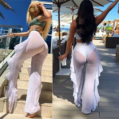 Ruffled Solid Color Casual Sexy Yarn Pants See through Women Beach Vacation Trousers