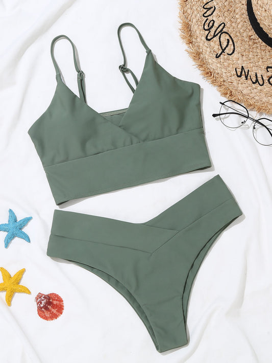 Sexy Solid Color V-neck Bikini Split Swimsuit Swimwear Bikini Female
