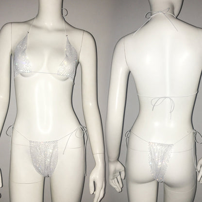 Women Clothing Rhinestone Bikini Set Carnival Sexy Lace Up Outdoor Beach Split Swimsuit