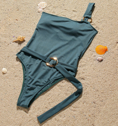 Sexy Solid Color One Shoulder Slim Thread Fabric Bikini Swimsuit