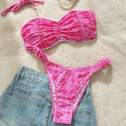 Floral Print Bikini Tube Top Sexy Bikini Lady Simple Split Swimsuit