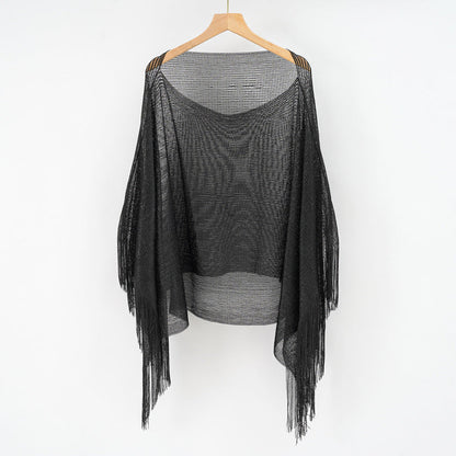 Summer Hollow Out Cutout Tassel Solid Color Blouse Shawl Tassel Scarf