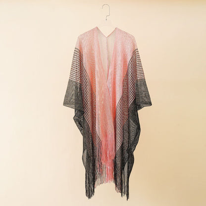 Summer Color Matching Striped Tassel Shawl Hollow Out Cutout Gold Silk Cardigan Coat Sun Protection