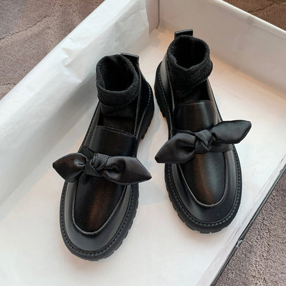 Small bow leather shoes female British style Korean version Versatile student 2023 new pattern Spring shoes Thick heel shoes