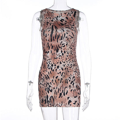 Women Clothing Summer Sexy Sleeveless Leopard Print Slim Fit Hip Wrapped Short Dress