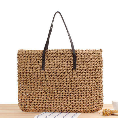 Large Capacity Casual Straw Bag Korean Shoulder Bag Solid Color Handmade Woven Bag Mori Photo