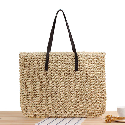Large Capacity Casual Straw Bag Korean Shoulder Bag Solid Color Handmade Woven Bag Mori Photo