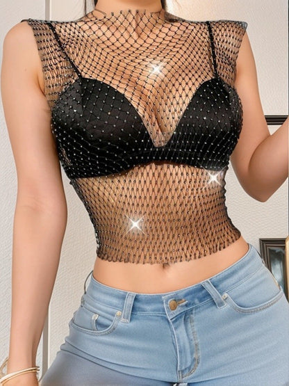 Street Sexy Hollow Out Cutout out T shirt Diamond Embedded Sexy Top Short round Neck Fishnet See through Sleeveless Beach Cover up