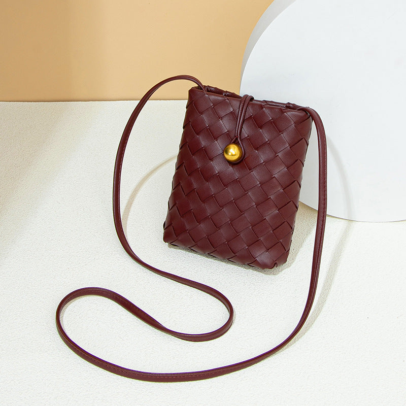 Soft Leather Bags Women Woven Handmade Bag Shoulder Messenger Bag Mini Phone Bag Casual All Matching Waist Bag