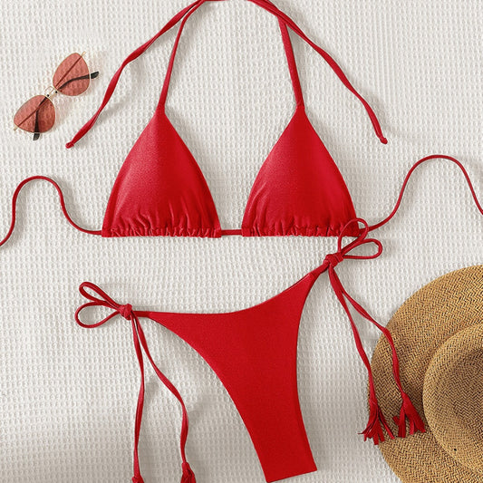 Solid Color Tied Tassel Bikini Sexy Swimwear Swimsuit T Back Women Split