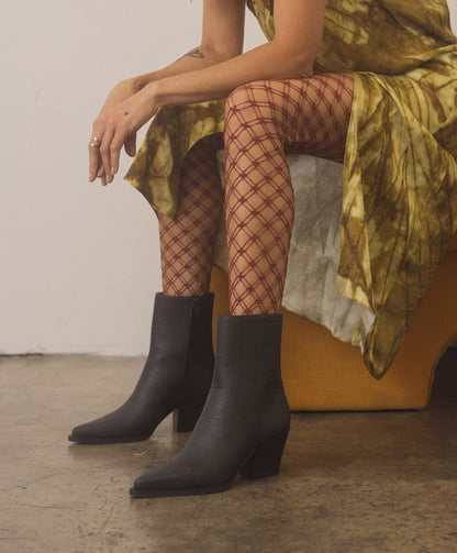 Leather ankle boots with square toe, stacked wooden block heel, side zipper closure, and slip-on style