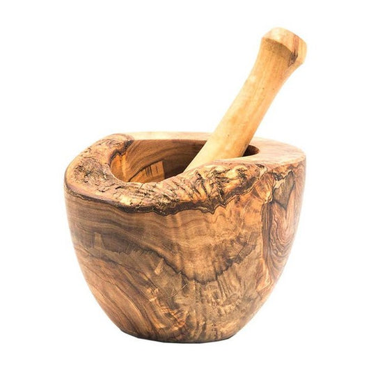 The olive wood rustic mortar and pestle-1 is a sturdy, natural-toned kitchen tool crafted from olive wood, showcasing unique grain patterns and a compact, traditional design for grinding herbs and spices.