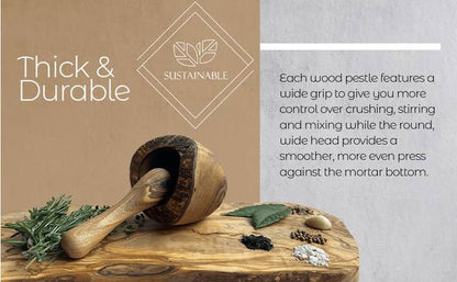The olive wood rustic mortar and pestle-1 is a sturdy, natural-toned kitchen tool crafted from olive wood, showcasing unique grain patterns and a compact, traditional design for grinding herbs and spices.