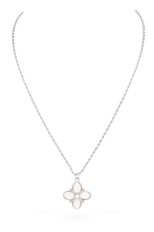 Silver necklace with a flower-shaped pendant. The pendant has five oval-shaped white stones arranged like petals around a small diamond in the center.