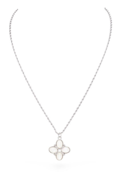 Silver necklace with a flower-shaped pendant. The pendant has five oval-shaped white stones arranged like petals around a small diamond in the center.