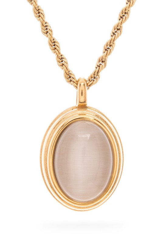 A gold necklace with a pendant. The pendant is circular with a light pink stone in the center, surrounded by gold.