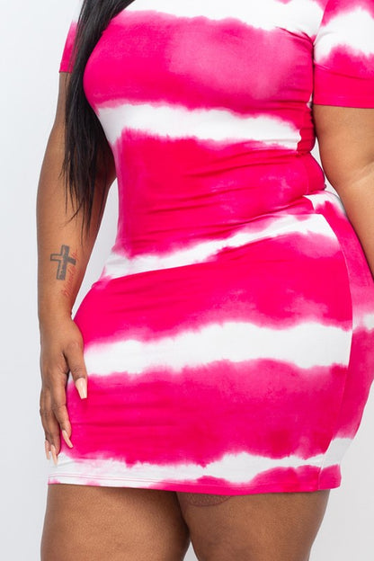 Woman wearing a stripe tie-dye midi dress with short sleeves and lace detail, styled against a white background