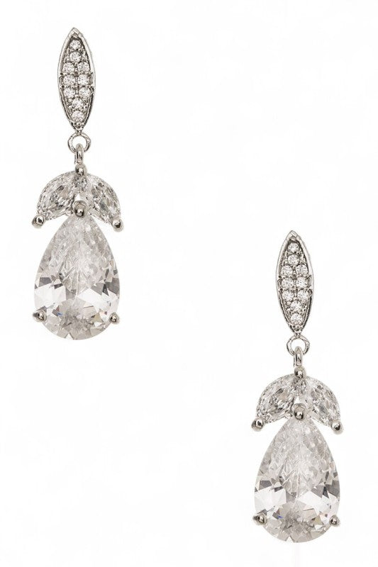 A pair of elegant teardrop crystal drop earrings with sparkling accents, set in silver-tone metal. Perfect for adding a touch of glamour.