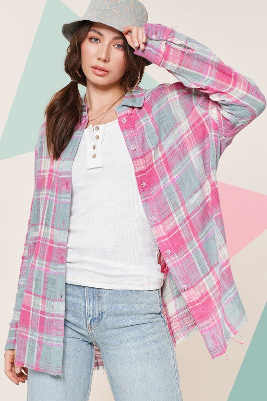 Classic plaid design with a relaxed overshirt style—perfect for layering over tanks or tees for casual, everyday wear.