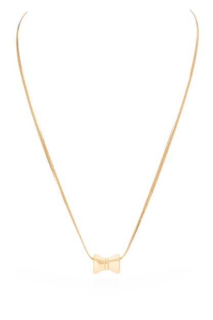 Gold necklace featuring a polished bow-shaped pendant with a sleek and minimal design.