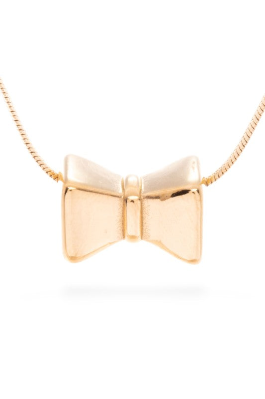Gold necklace featuring a polished bow-shaped pendant with a sleek and minimal design.