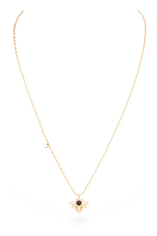 Gold bee pendant necklace featuring a black gemstone at the center, with detailed wings and a textured chain.