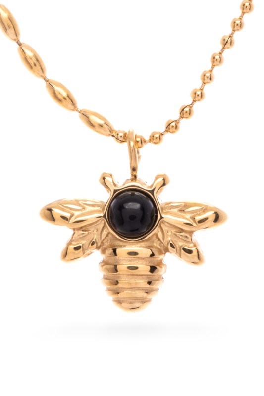Gold bee pendant necklace featuring a black gemstone at the center, with detailed wings and a textured chain.