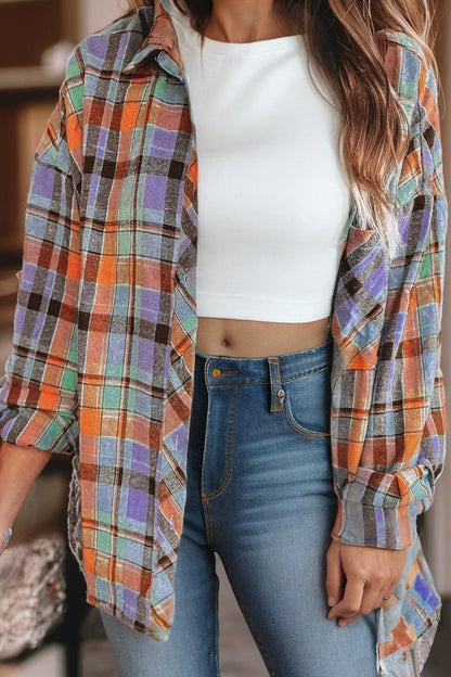 Classic plaid print offers timeless style with casual charm. 