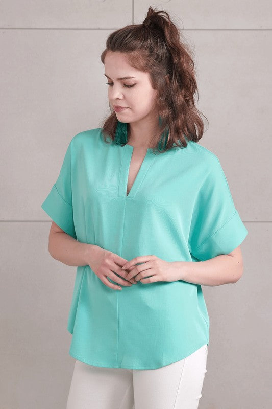 Plus-size V-neckline top with flattering cut.