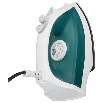 White and teal Proctor Silex steam iron with black soleplate and ergonomic handle—featuring a central temperature dial and rear power cord with strain relief.